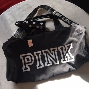 PINK Black Duffel Bag with Water Bottle